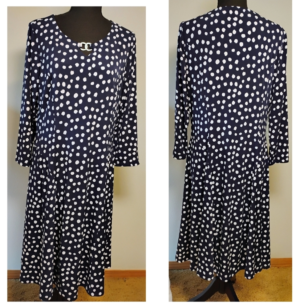 Susan Graver Navy and White Dot Long Sleeve Dress